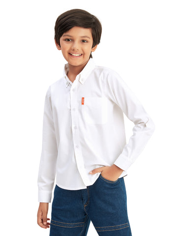 Olele® Boys Full Sleeves Button Down Front Pocket Formal Pure Cotton Plain Shirt - Bright White