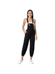 FINSBURY LONDON® Women's Cotton Twill Dungaree with Side Leg Brand Tape - Ebony Black