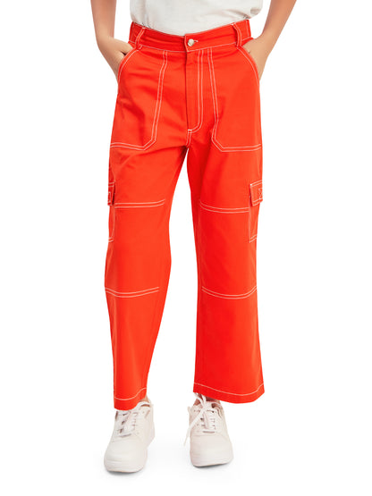 Olele® Boys Cotton Cargo 6 Pockets Pant with Contrast White Thread Stitching - Scarlet Red