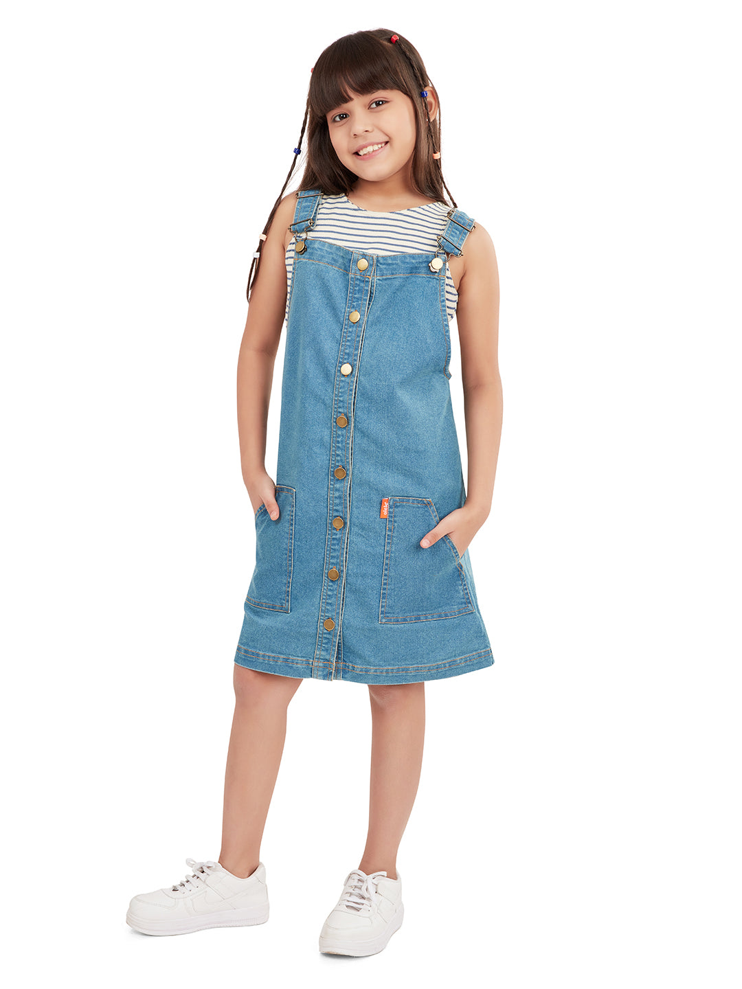 Olele® Girls Vanilla Cotton Denim Dungaree Dress Blue