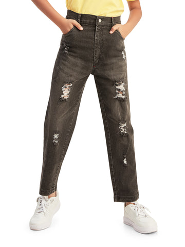 Olele® Boys Cotton Denim Distressed Wash Jeans Pant - Black