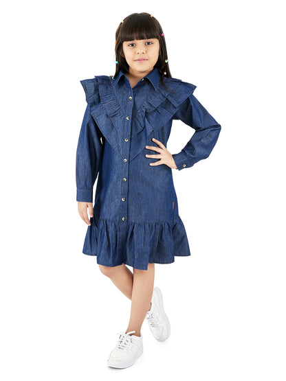 Olele® Girls Victoria Double Layer Ruffle Dress - Light Weight Cotton Denim