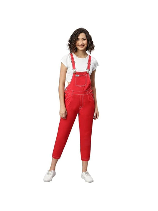 FINSBURY LONDON Red Twill Women Dungaree | Raguler Fit | Side Buttons | Adjustable Shoulder Straps |