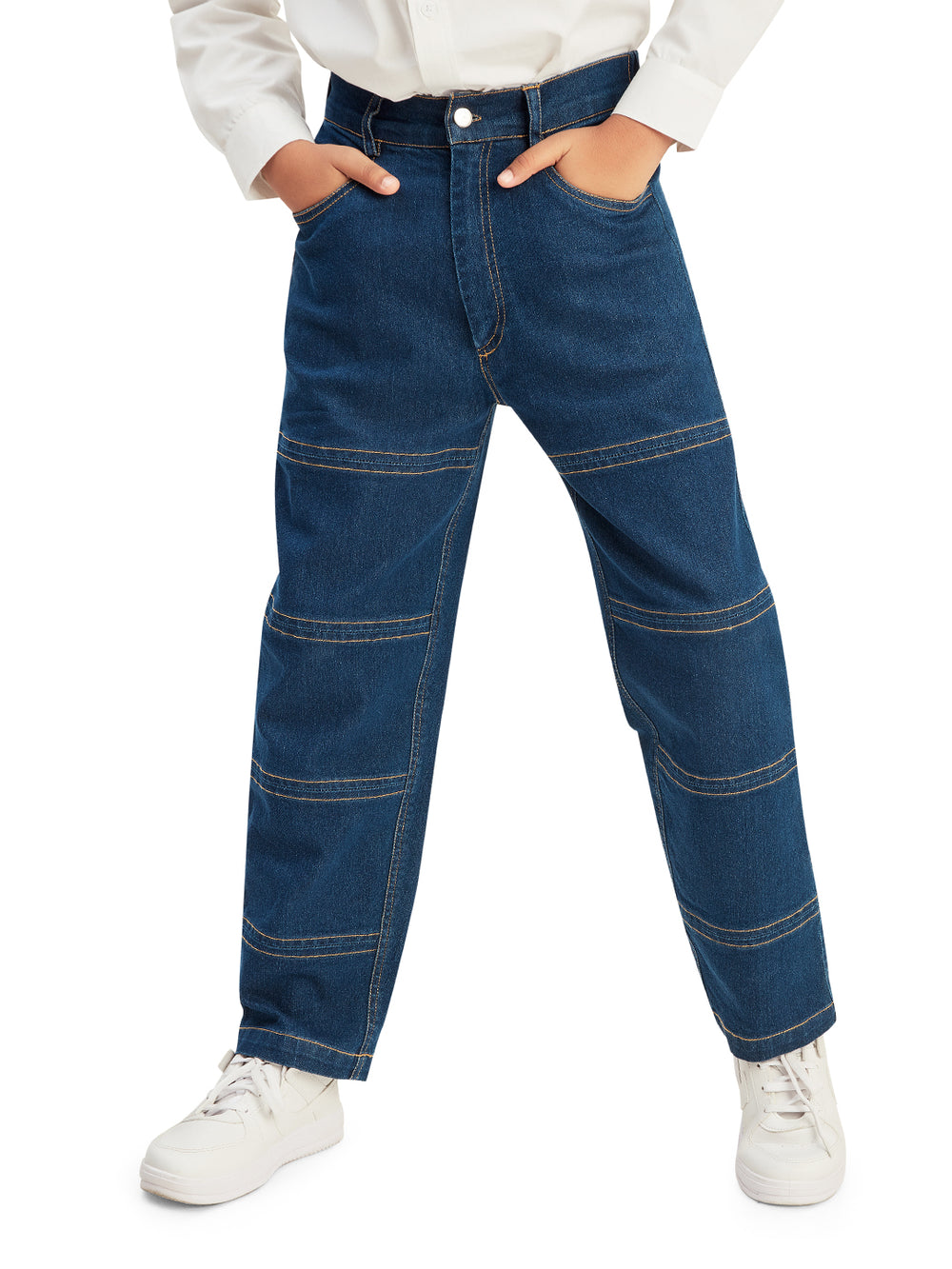 Olele® Boys Cotton Denim Double Stitch Jeans Pant - Dark Blue