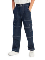 Olele® Boys Cotton Denim Cargo 6 Pockets Pant with Contrast White Thread Stitching - Raw Blue
