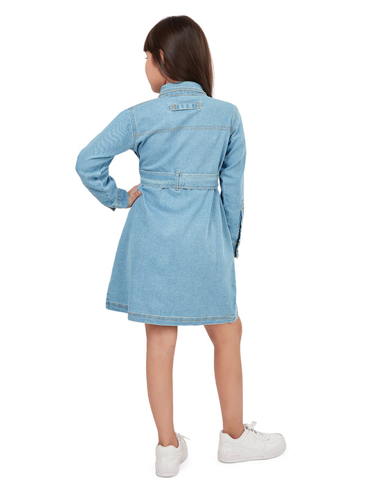 Olele® Girls Utility Cotton Denim Full Sleeve Dress - Blue