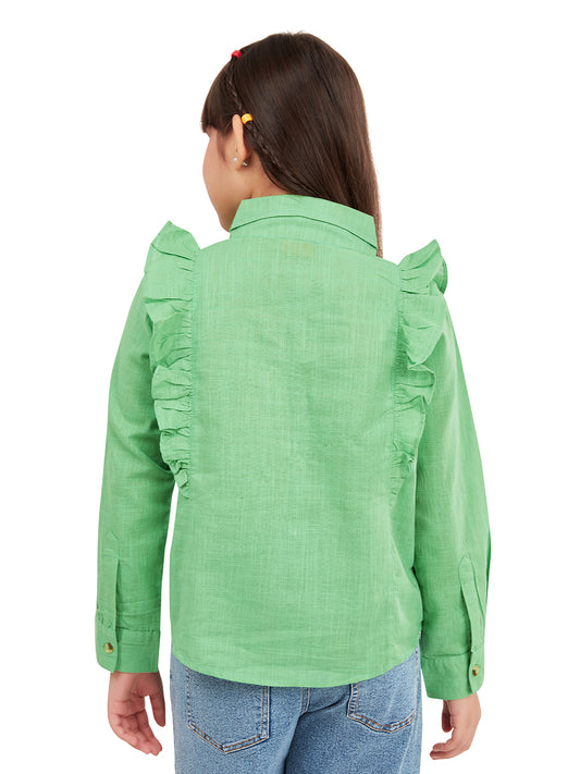 Olele® Girls Regina Full Sleeve Cotton Linen Shirt - Parrot Green