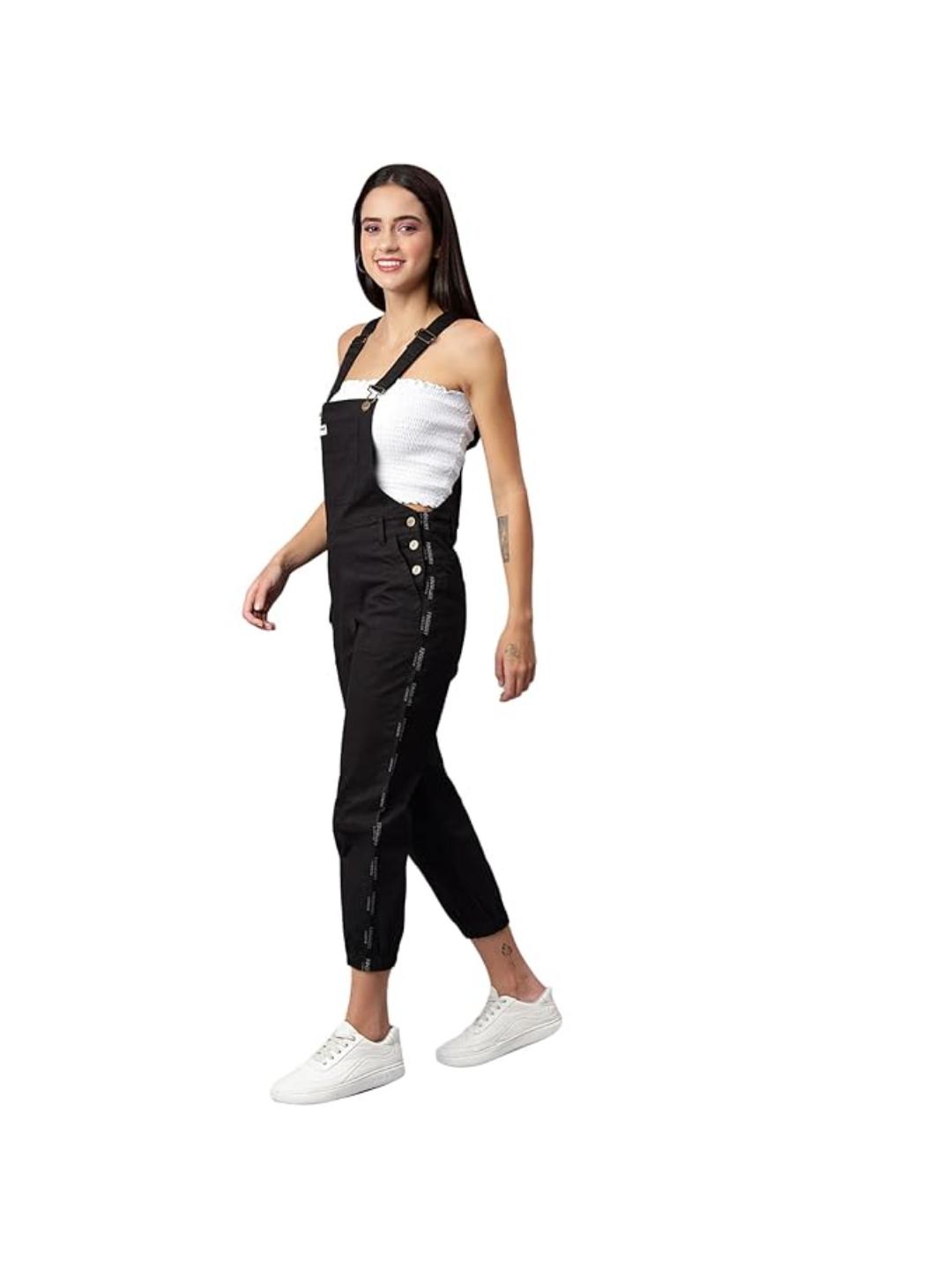 FINSBURY LONDON® Women's Cotton Twill Dungaree with Side Leg Brand Tape - Ebony Black