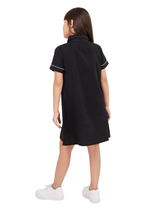 Olele® Girls Piping Art Cotton Short Sleeves Shirt Dress - Black
