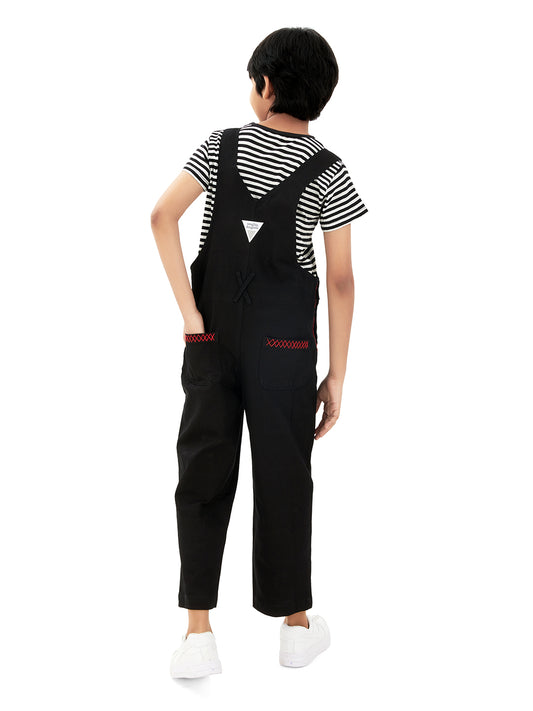 Olele® Full Length BTS Black Patch Work Cotton Dungaree - Boys