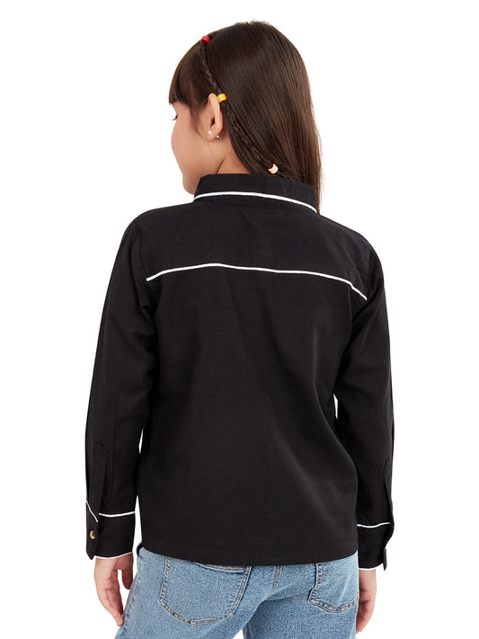 Olele® Girls Piping Art Cotton Full Sleeves Shirt - Black