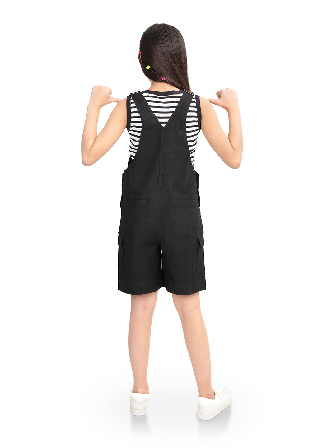 Olele® Girls Black Cotton Denim Romper Dungaree