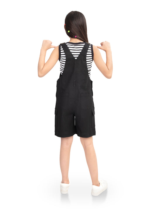 Olele® Girls Black Cotton Denim Romper Dungaree