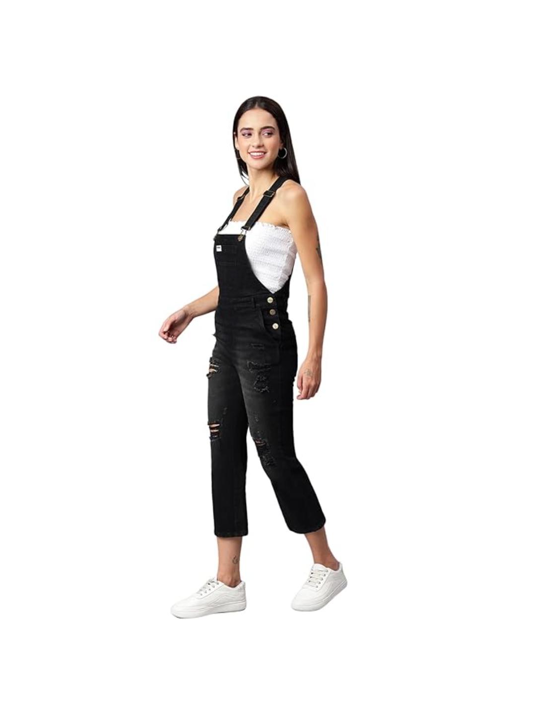 FINSBURY LONDON® Women's Black Denim Dungaree with Destroyed Wash