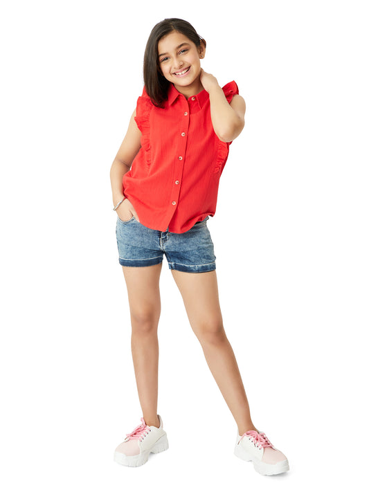 Olele® Regina Ruffle Shirt - Red Cotton Linen