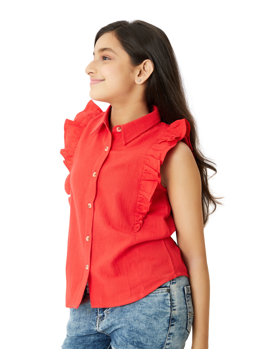 Olele® Regina Ruffle Shirt - Red Cotton Linen