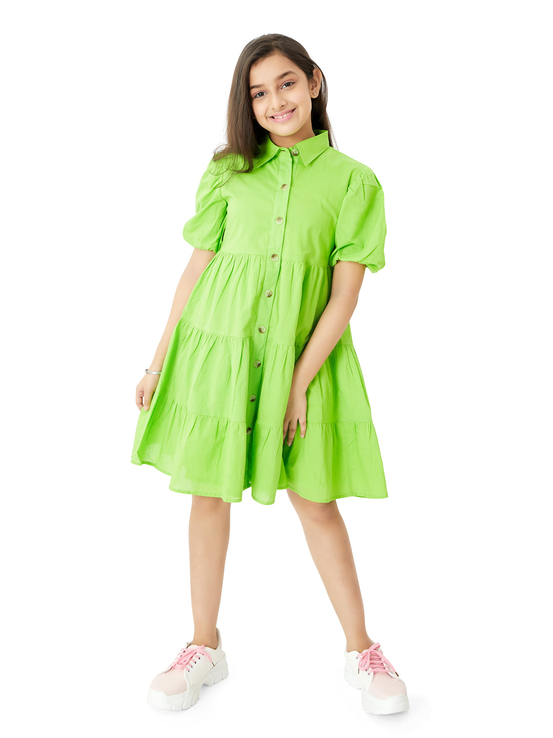 Neon Green Cotton Dress for Girls