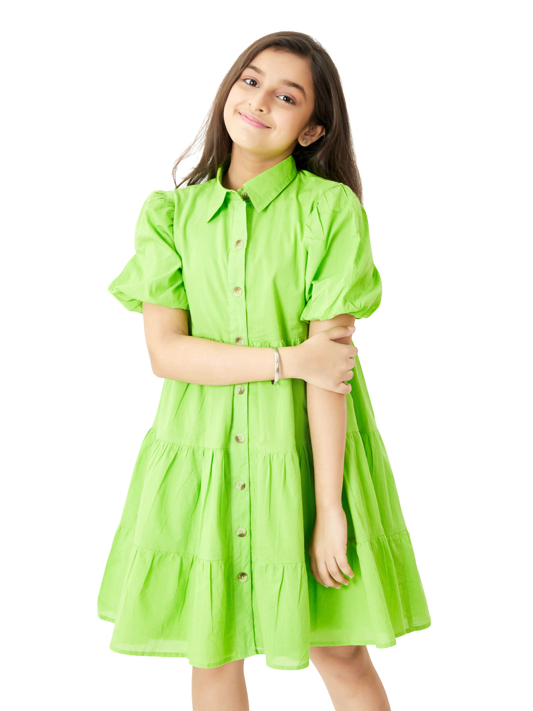 Olele® Girls Lucy Shirt Cotton Dress - Neon Green for 4 to 14 Years Kids