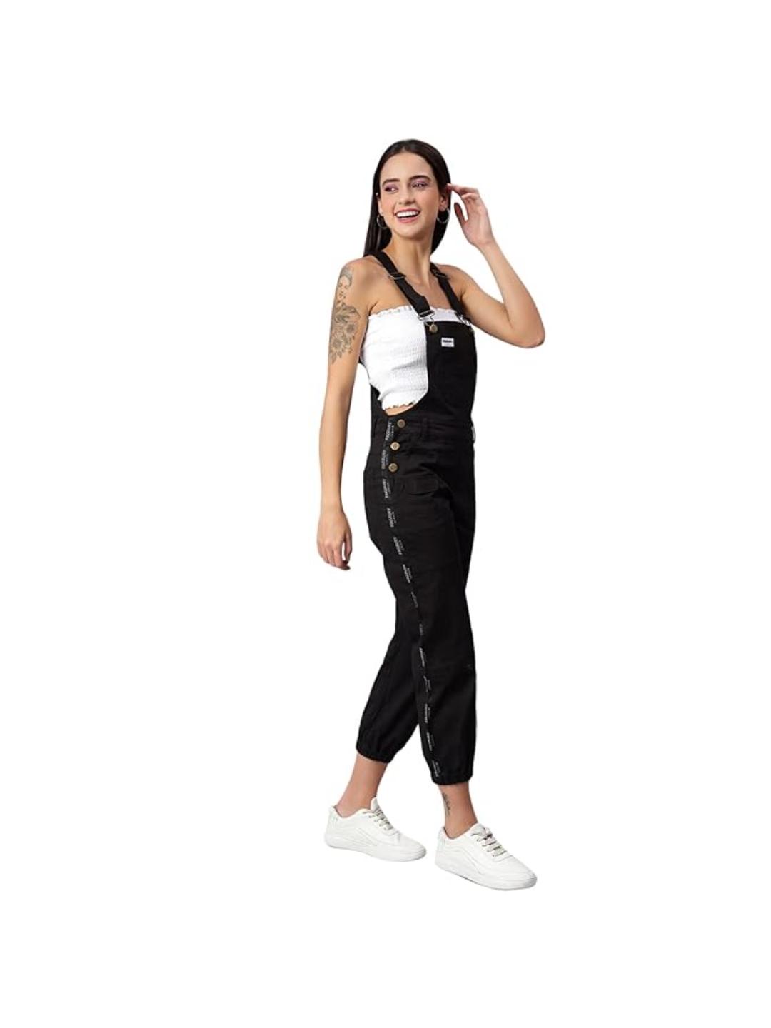 FINSBURY LONDON® Women's Cotton Twill Dungaree with Side Leg Brand Tape - Ebony Black