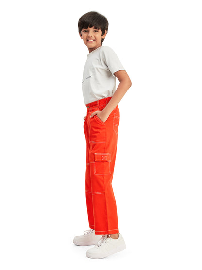 Olele® Boys Cotton Cargo 6 Pockets Pant with Contrast White Thread Stitching - Scarlet Red