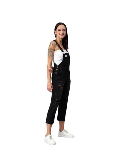FINSBURY LONDON® Women's Black Denim Dungaree with Destroyed Wash
