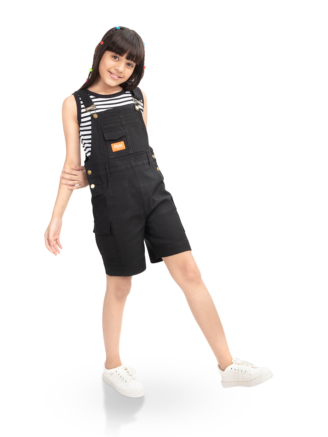 Olele® Girls Black Cotton Denim Romper Dungaree