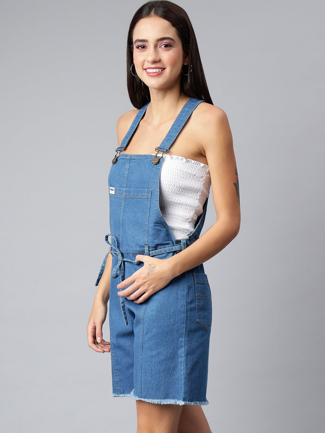FINSBURY LONDON® Women's Denim Dungaree Playsuit with Matching Stings
