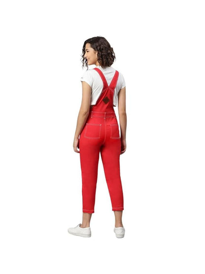 FINSBURY LONDON Red Twill Women Dungaree | Raguler Fit | Side Buttons | Adjustable Shoulder Straps |