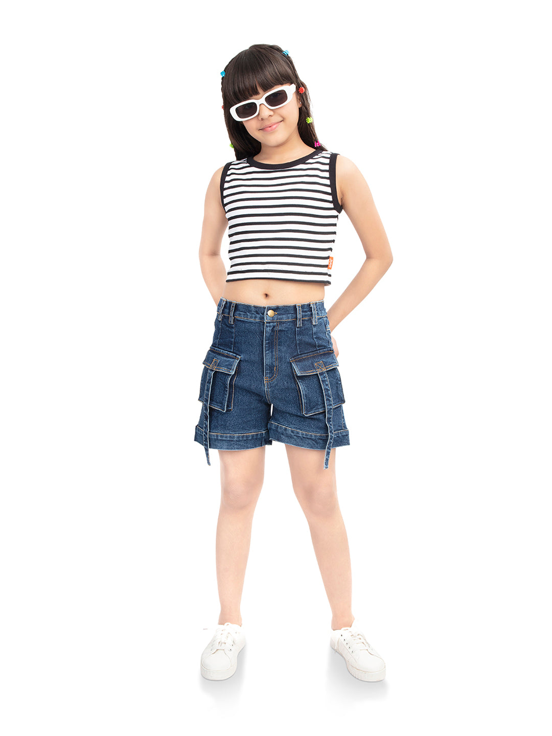 Olele® Girls Cotton Denim Shorts with Pouch Pockets and Cover