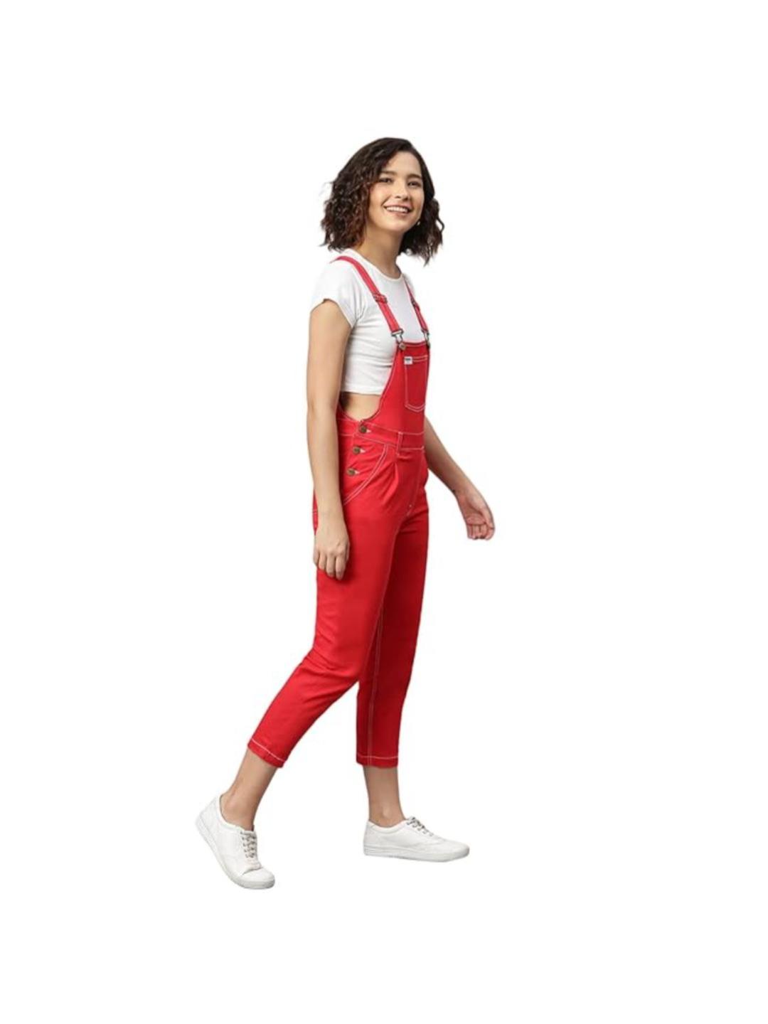FINSBURY LONDON Red Twill Women Dungaree | Raguler Fit | Side Buttons | Adjustable Shoulder Straps |