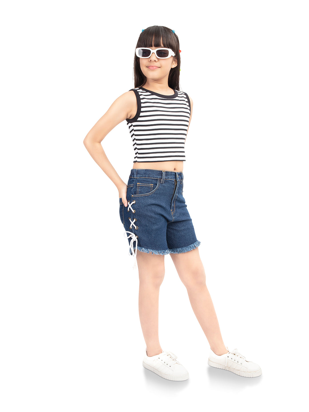 Olele® Girls Cotton Denim Shorts with Eyelets