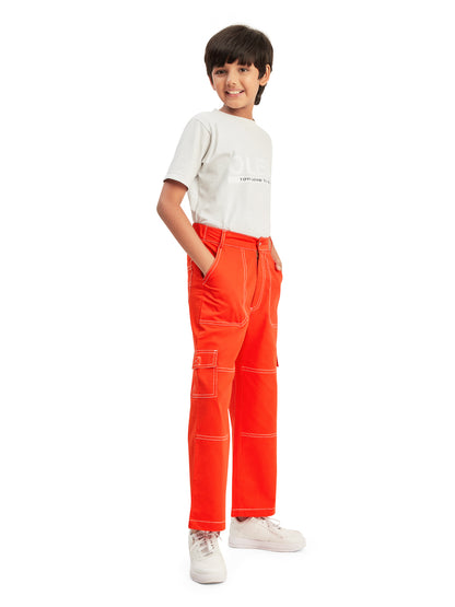 Olele® Boys Cotton Cargo 6 Pockets Pant with Contrast White Thread Stitching - Scarlet Red