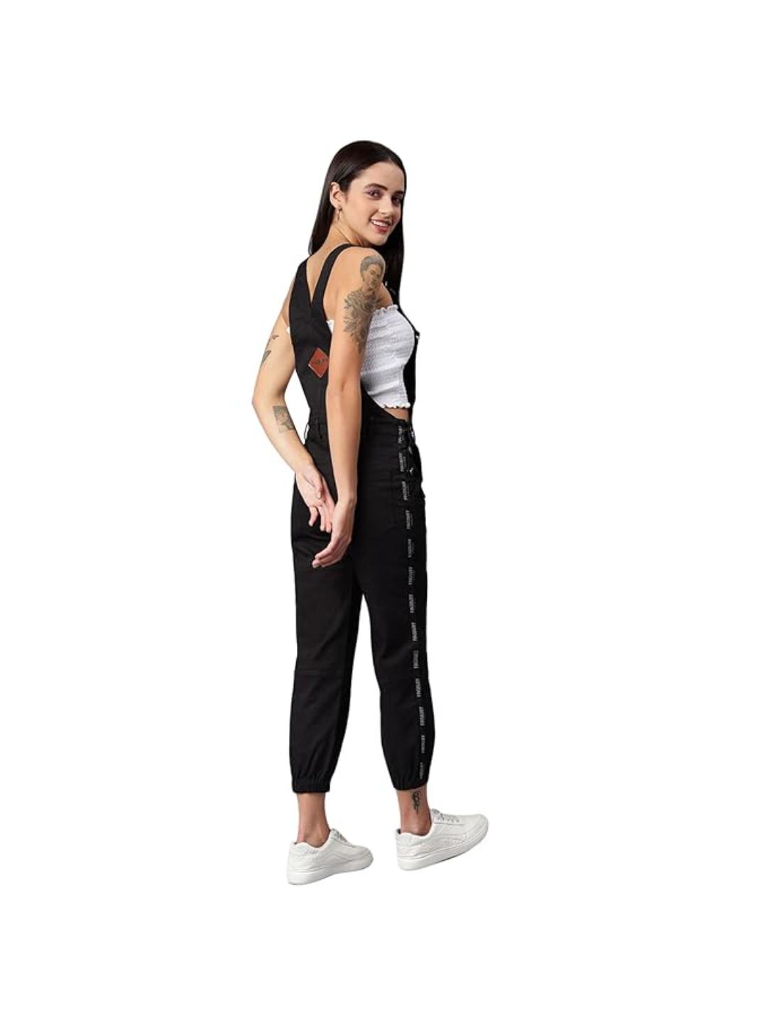 FINSBURY LONDON® Women's Cotton Twill Dungaree with Side Leg Brand Tape - Ebony Black
