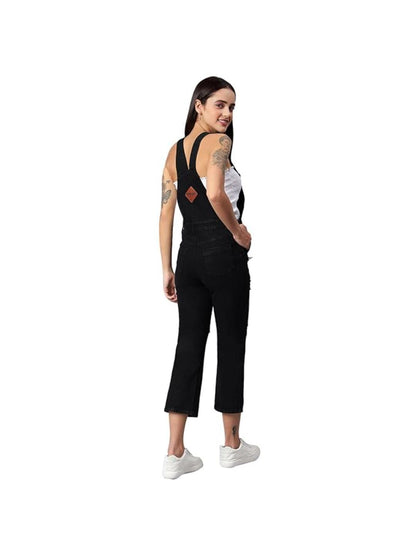 FINSBURY LONDON® Women's Black Denim Dungaree with Destroyed Wash