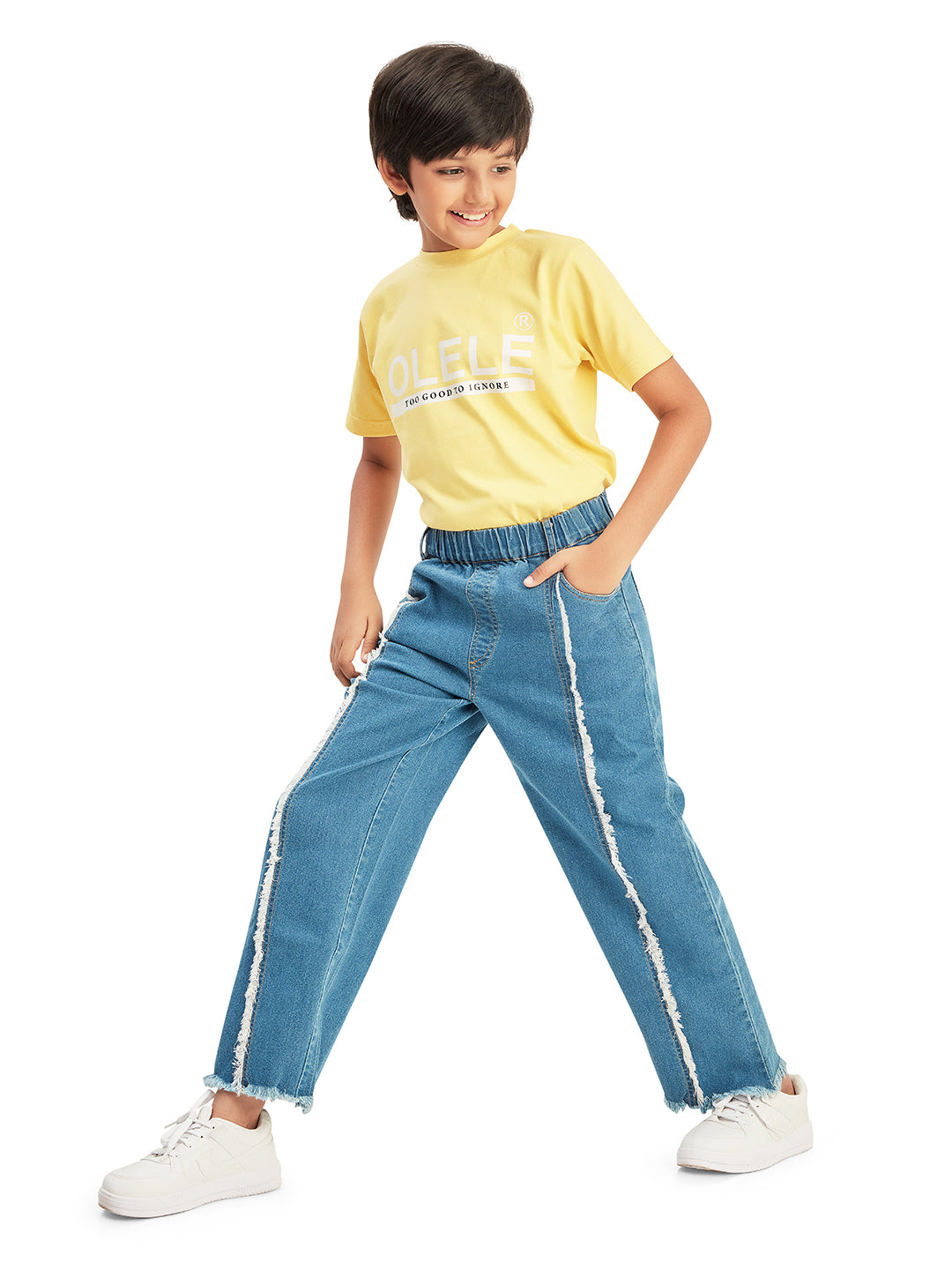 Olele® Boys Cotton Denim Pull On Raw Edge Front Pleat Jeans - Blue