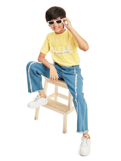 Olele® Boys Cotton Denim Pull On Raw Edge Front Pleat Jeans - Blue