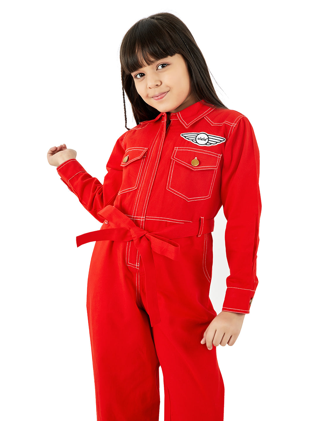 Olele® Girls Brooklyn Boiler Suit with Zipper Opening - Red Cotton