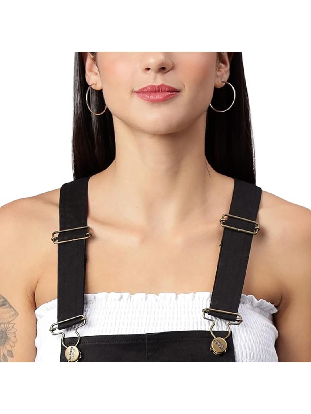 FINSBURY LONDON® Women's Cotton Twill Dungaree with Side Leg Brand Tape - Ebony Black