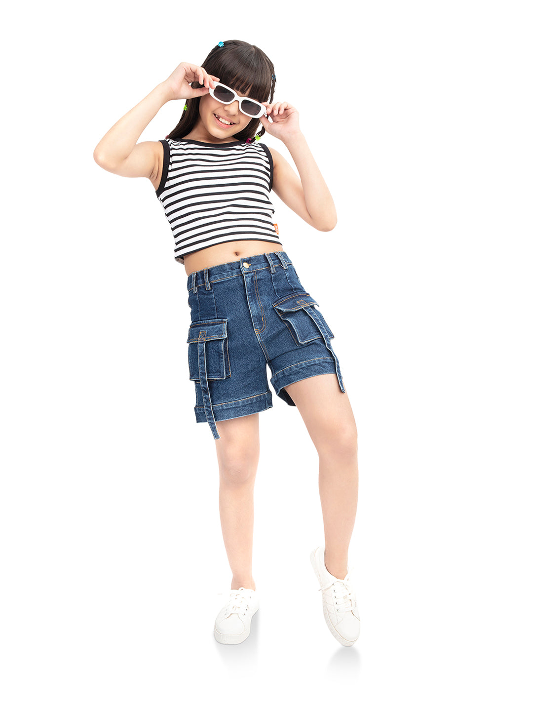 Olele® Girls Cotton Denim Shorts with Pouch Pockets and Cover