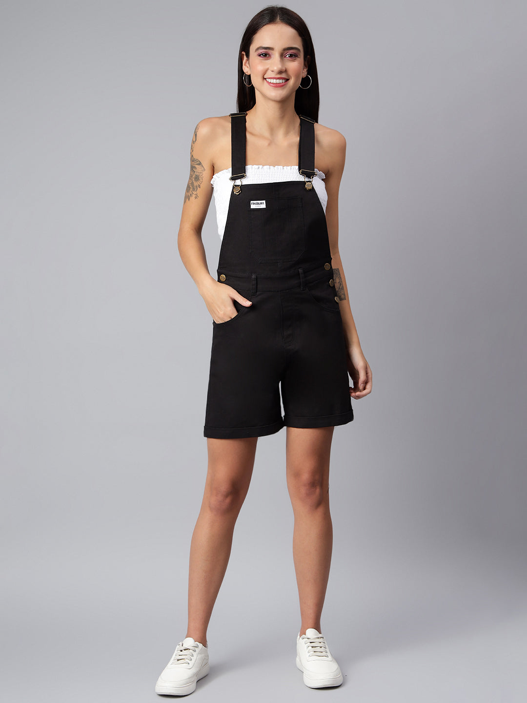FINSBURY LONDON® Women's Cotton Twill Dungaree Playsuit - Ebony Black