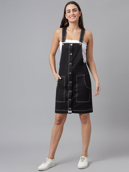 FINSBURY LONDON® Women's Dungaree Dress with Contrast Stitches - Ebony Black