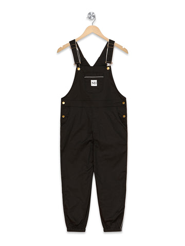 Olele®  Full Length White Piping Black Cotton Dungaree - Girls