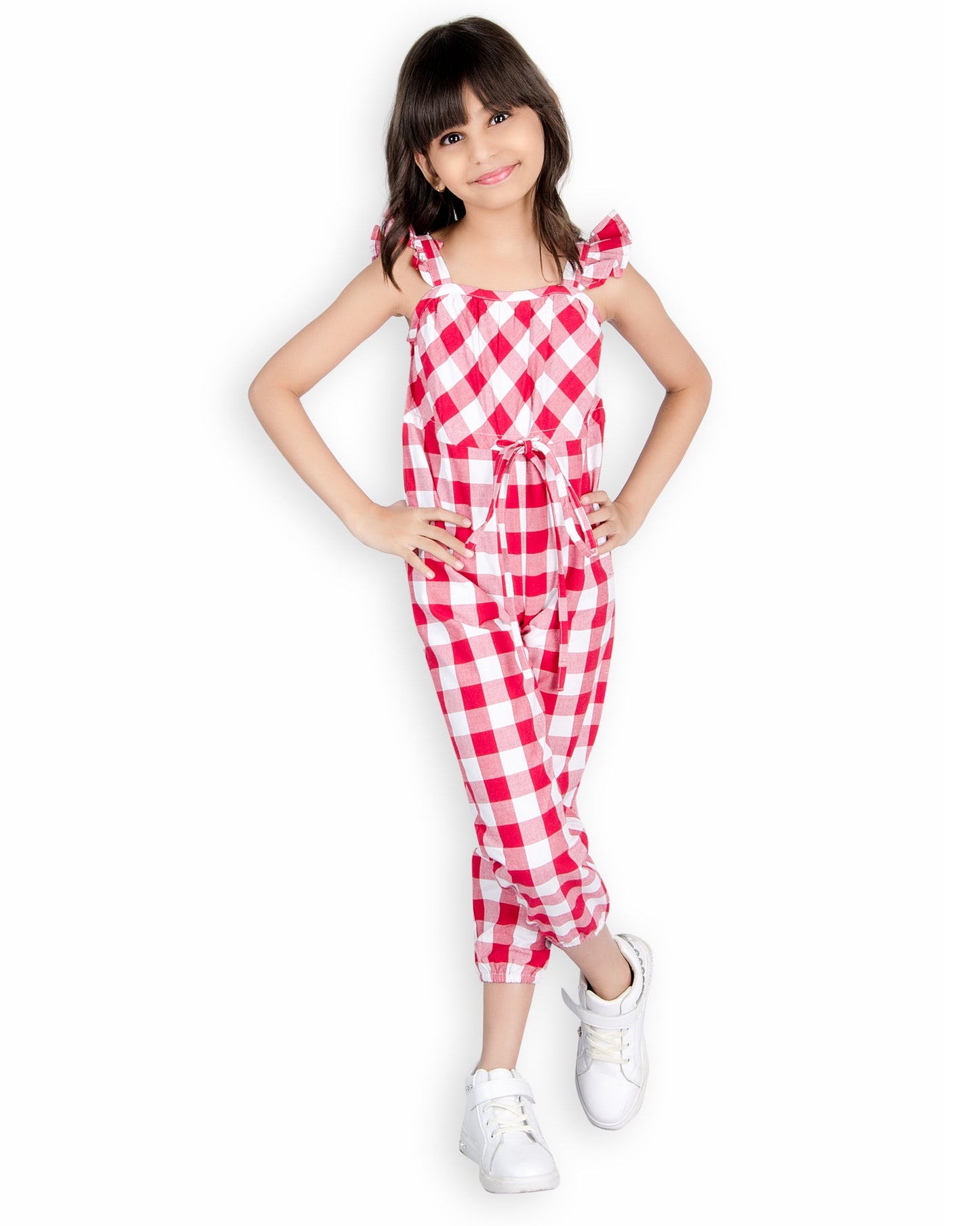 Olele® Girls Red & White Checkred Ruffel Jumpsuit
