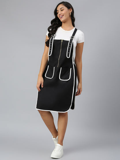 FINSBURY LONDON® Women's Dungaree Dress with Contrast Piping - Ebony Black