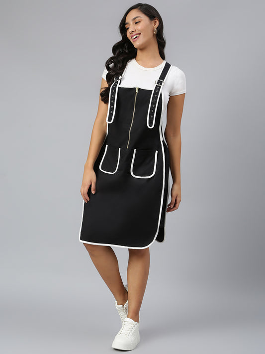 FINSBURY LONDON® Women's Dungaree Dress with Contrast Piping - Ebony Black