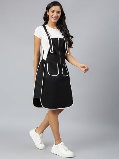FINSBURY LONDON® Women's Dungaree Dress with Contrast Piping - Ebony Black