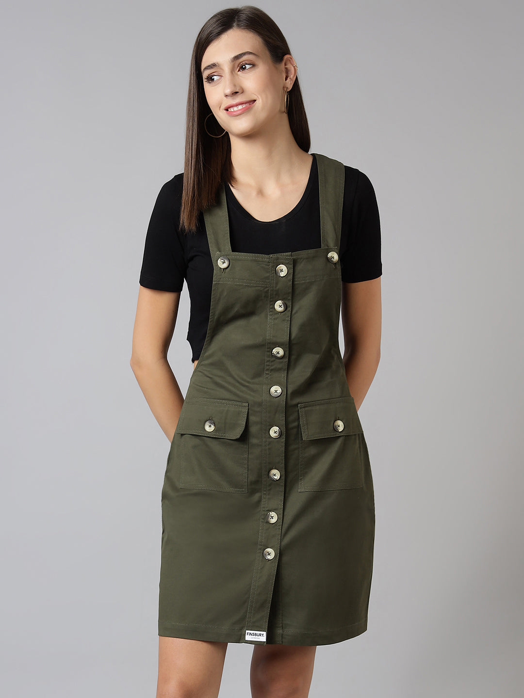 FINSBURY LONDON® Cotton Twill Womenswear Dungaree Dress - Olive Green