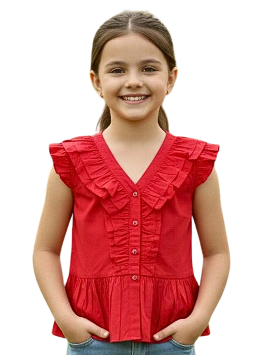 Olele® Victoria Ruffle Pure Cotton Top for Girls - Red