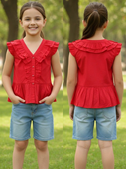 Olele® Victoria Ruffle Pure Cotton Top for Girls - Red