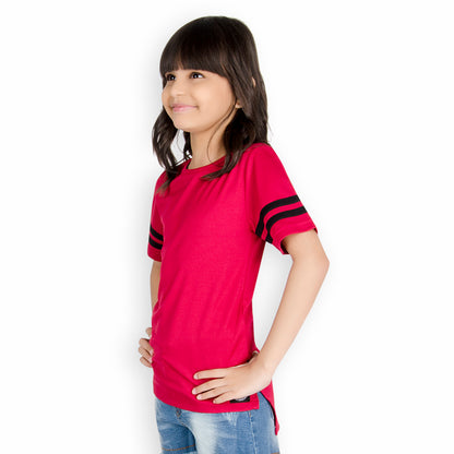 Olele® Girls Red High Low Tee with Contrast Sripe on Sleeve